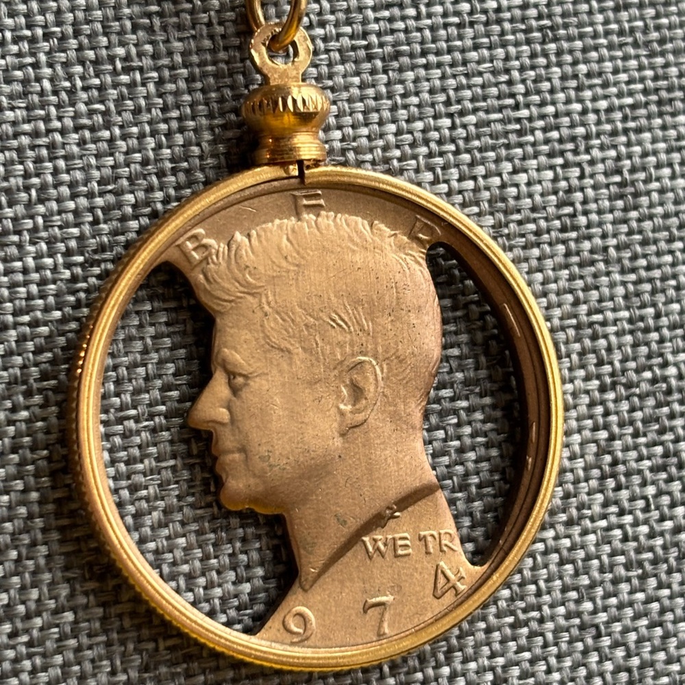 1974 John F Kennedy JFK Gold Plated Half Dollar Pendant Necklace, 24”